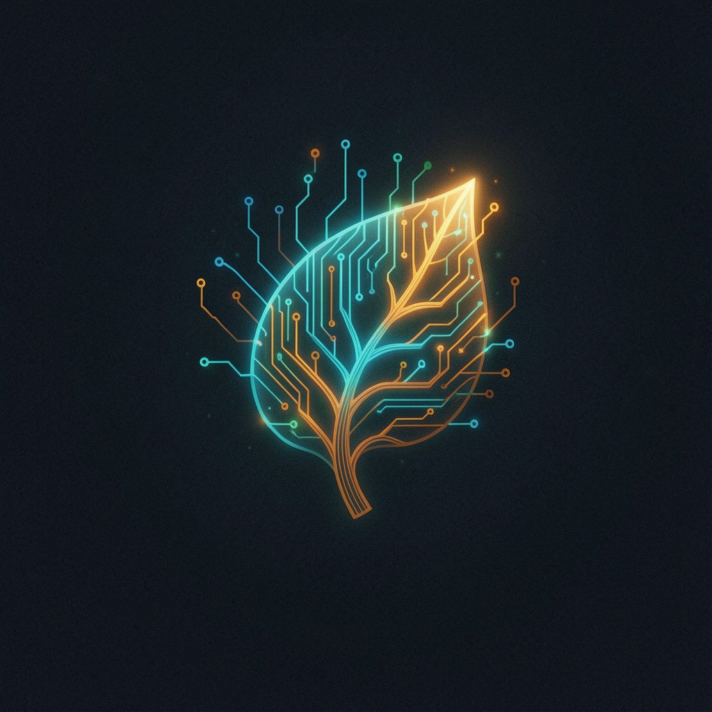 Circuit traces growing into a glowing leaf, symbolising sustainable computing